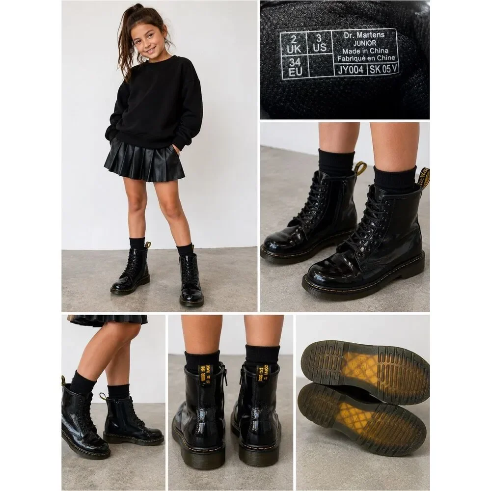 Dr. Martens Kids Patent Leather Combat Boots  Black Zip Lace-Up Ankle Boots US 3